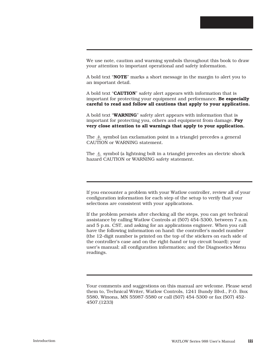 Notes, cautions and warnings, Technical assistance, We value your feedback | Introduction | Watlow Series 988 User Manual | Page 6 / 163