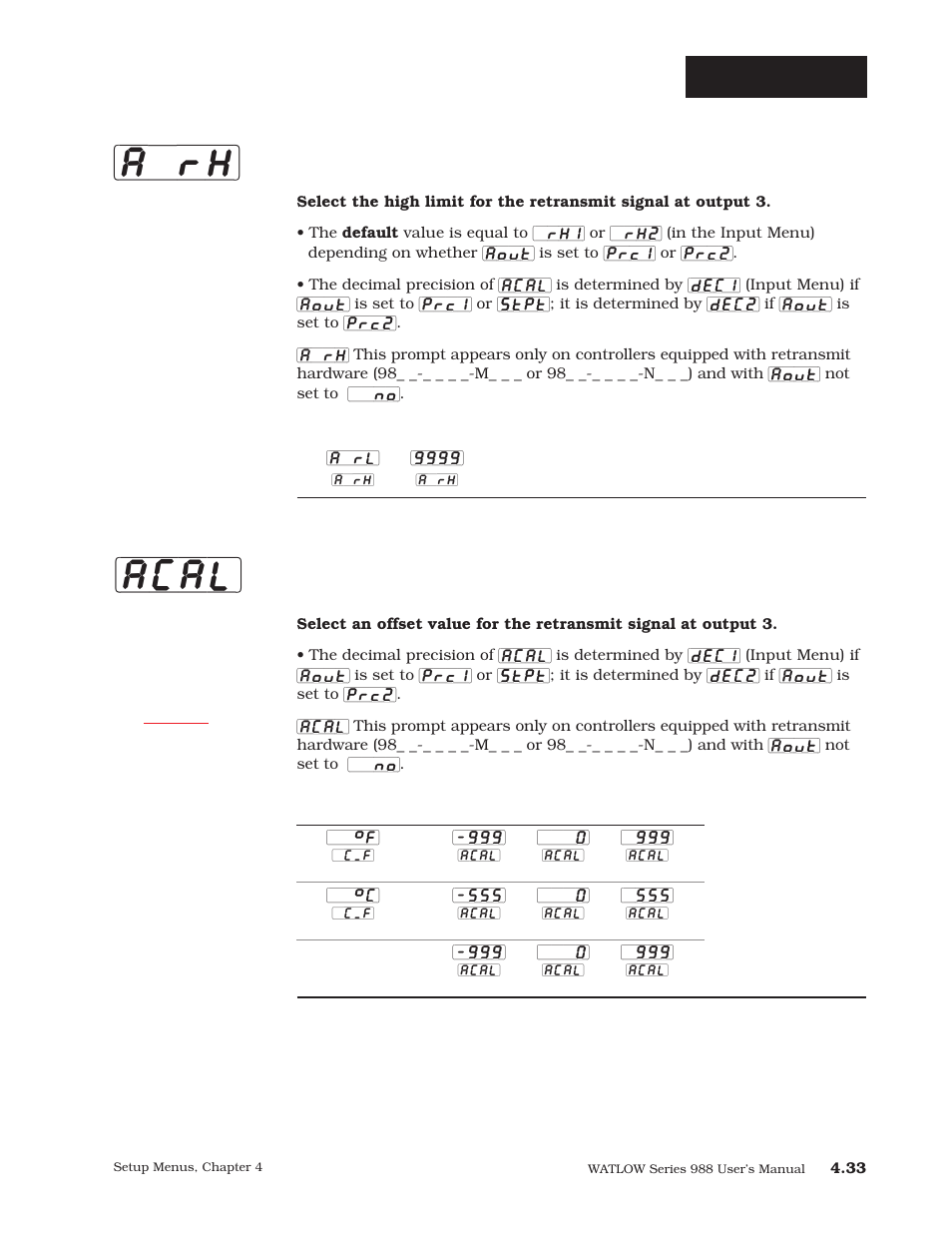 A`rh, Acal, Setup-output | Retransmit high limit, Retransmit calibration offset | Watlow Series 988 User Manual | Page 60 / 163