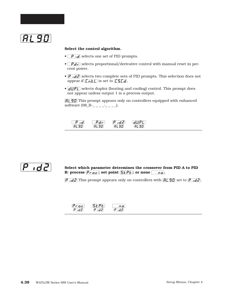 Pid (p. 4.38), P. 4.38, Algo] [pid2 | Setup-global, Algorithm, Pid 2 crossover selection | Watlow Series 988 User Manual | Page 65 / 163