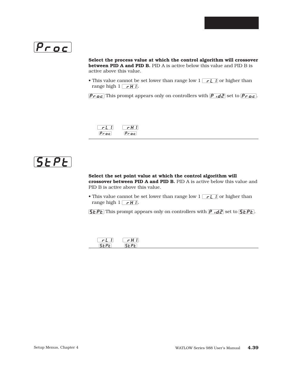 Proc] [stpt, Setup-global, Crossover process value | Crossover set point value | Watlow Series 988 User Manual | Page 66 / 163