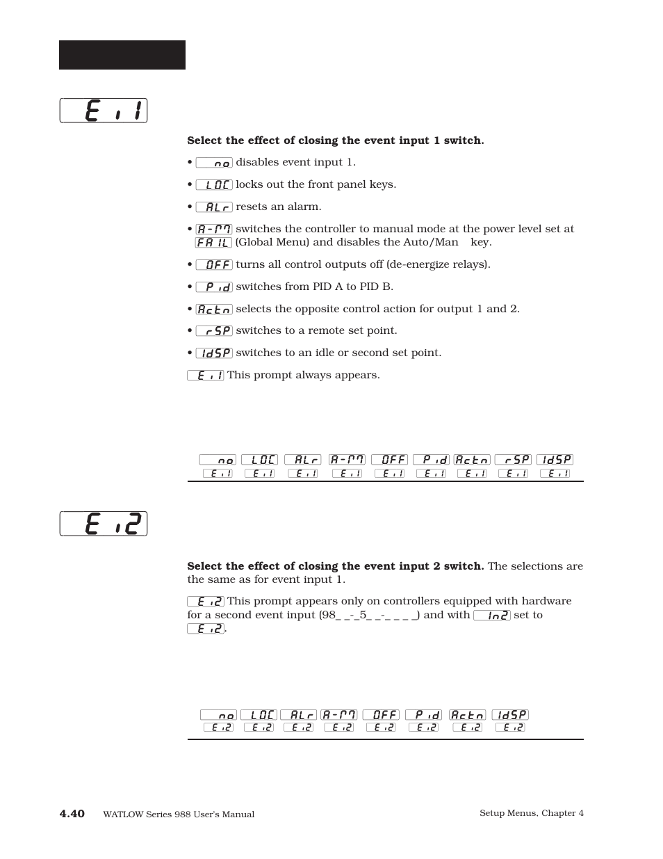 Event input (p. 4.40), P. 4.40, Ei1] [`ei2 | Setup-global, Event input 1, Event input 2 | Watlow Series 988 User Manual | Page 67 / 163