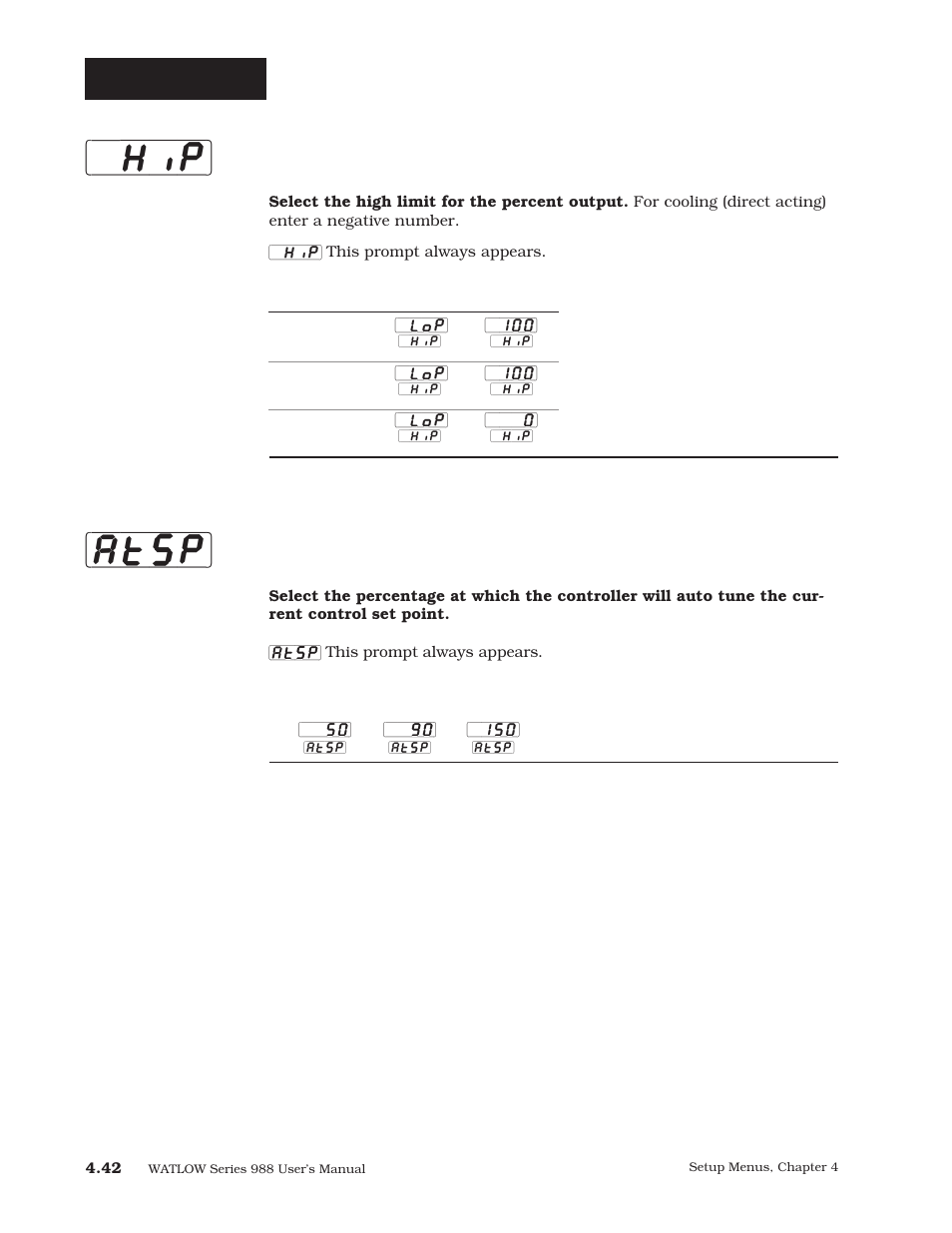 Hip] [atsp, Setup-global, High power limit | Auto-tune set point | Watlow Series 988 User Manual | Page 69 / 163