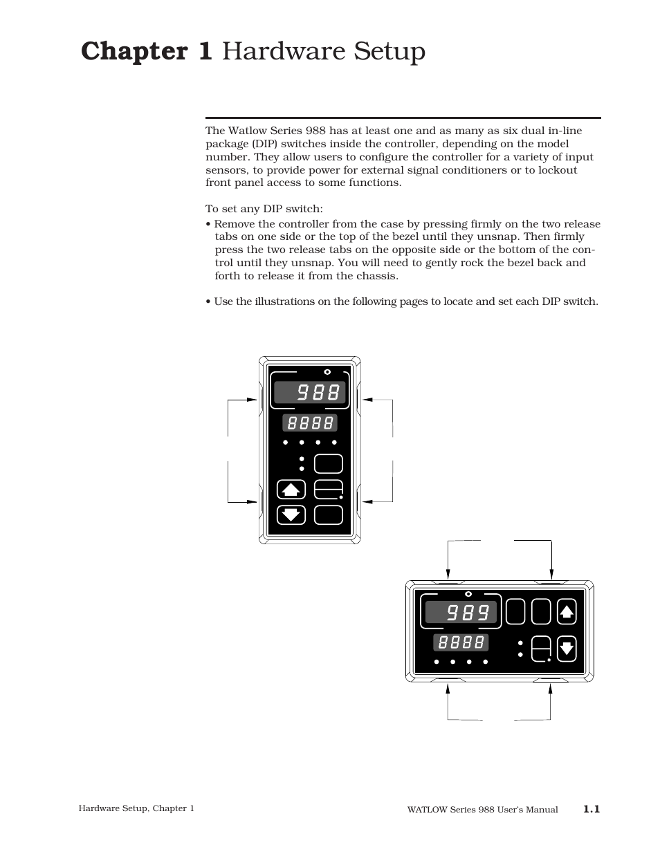 Chapter 1, Dip switch locations and functions, Set-up..................................... go to | Chapter 1 hardware setup | Watlow Series 988 User Manual | Page 7 / 163