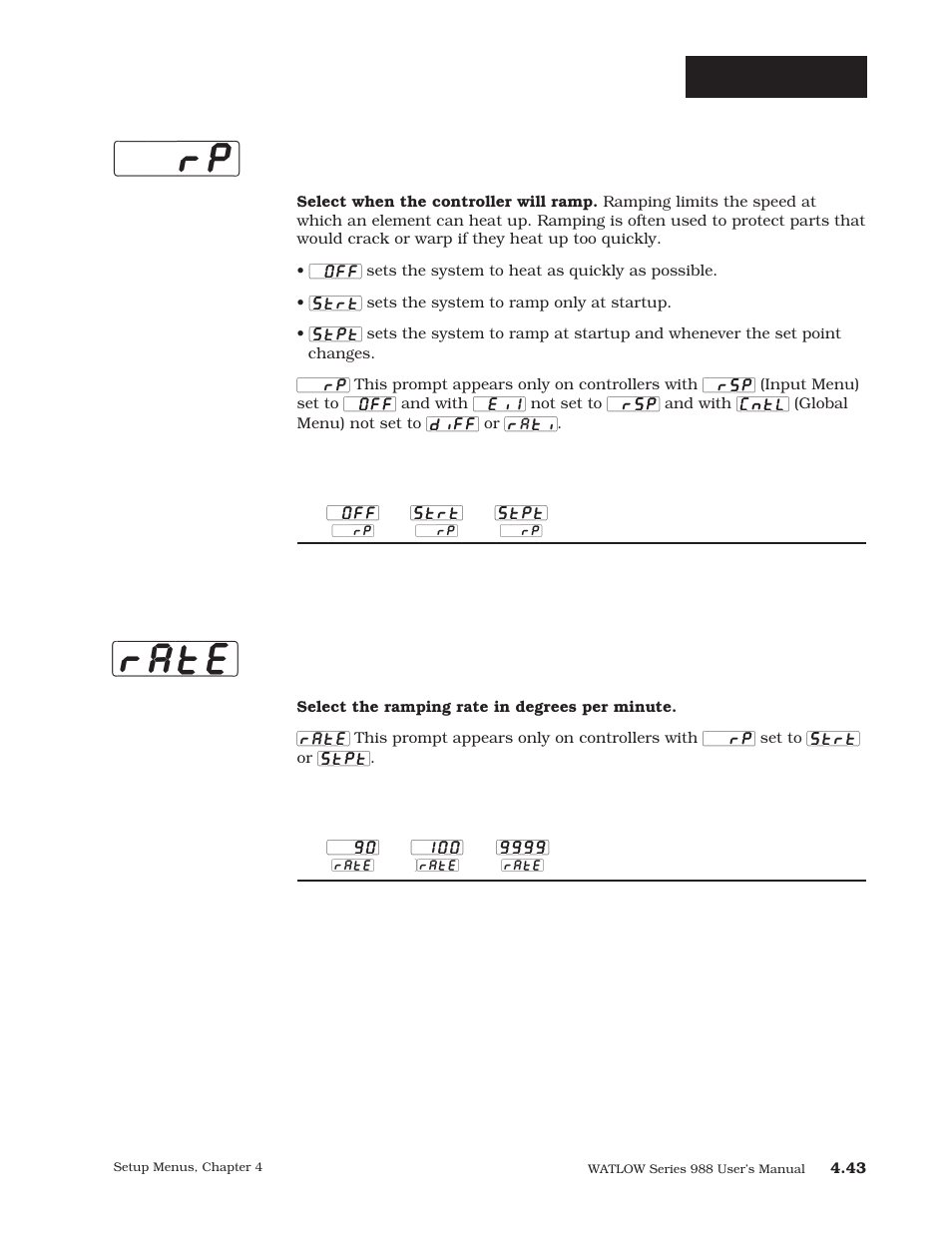 Ramping (p. 4.43), P. 4.43, Rp] [rate | Setup-global, Ramping function, Ramp rate | Watlow Series 988 User Manual | Page 70 / 163