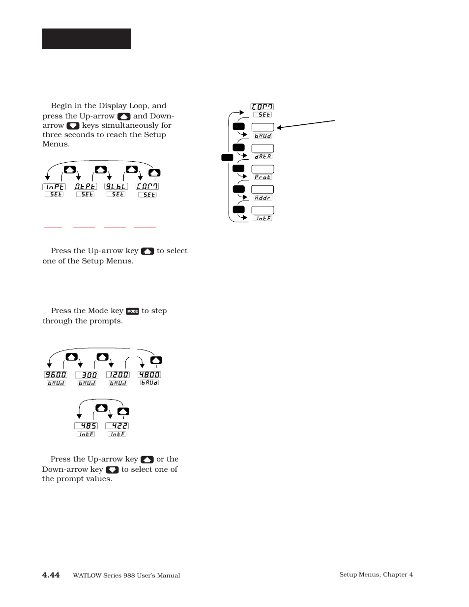 Communications menu, P. 4.44, Setup-comm | Reaching the communications menu | Watlow Series 988 User Manual | Page 71 / 163