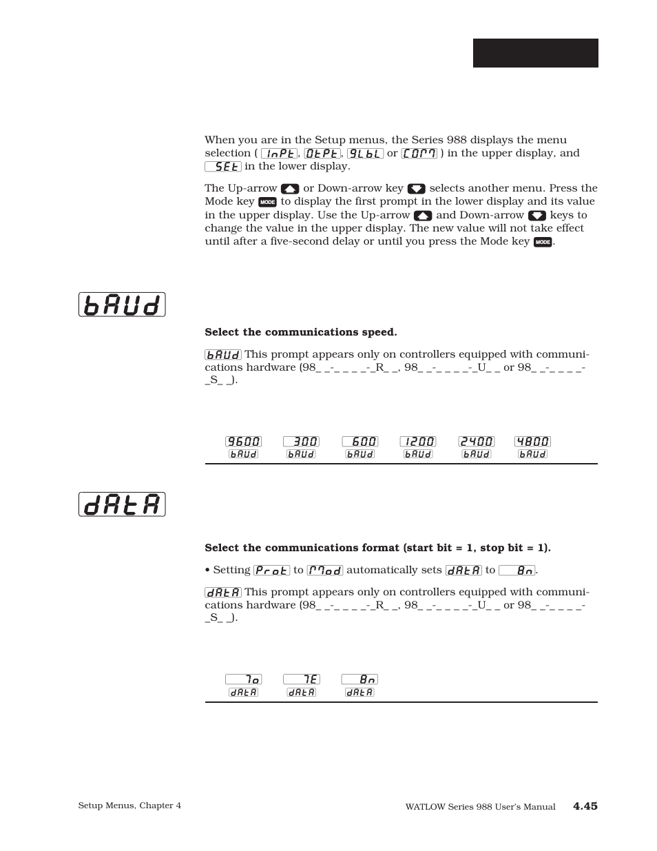 Baud] [data, Setup-comm, Communications prompts | Baud rate, Data bits and parity | Watlow Series 988 User Manual | Page 72 / 163