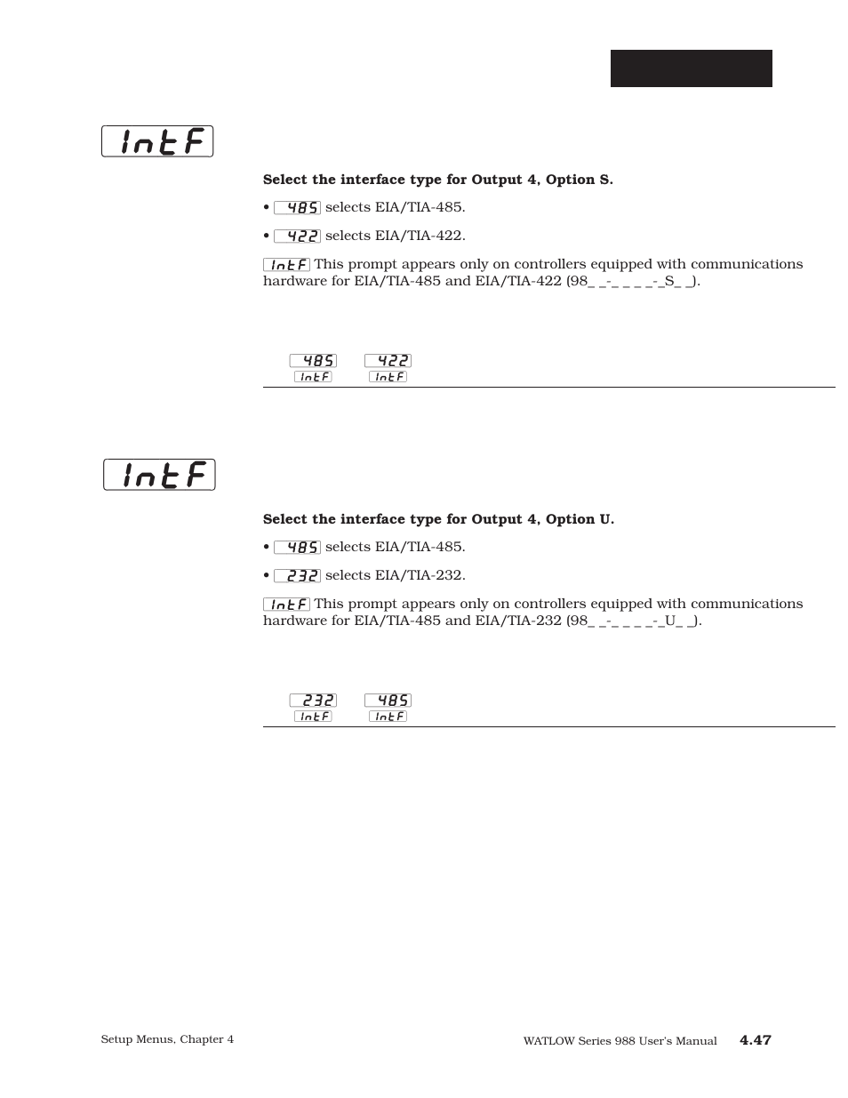 Intf, Setup-comm, Interface type | Watlow Series 988 User Manual | Page 74 / 163