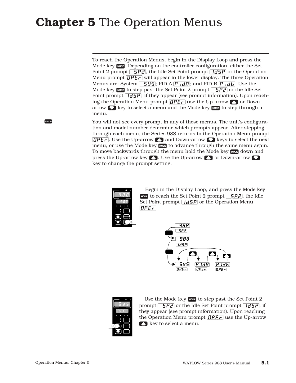 Chapter 5, Navigating the operation menus, Chapter 5 the operation menus | Idle set point [`988, Sys] [pidb] [pida | Watlow Series 988 User Manual | Page 75 / 163