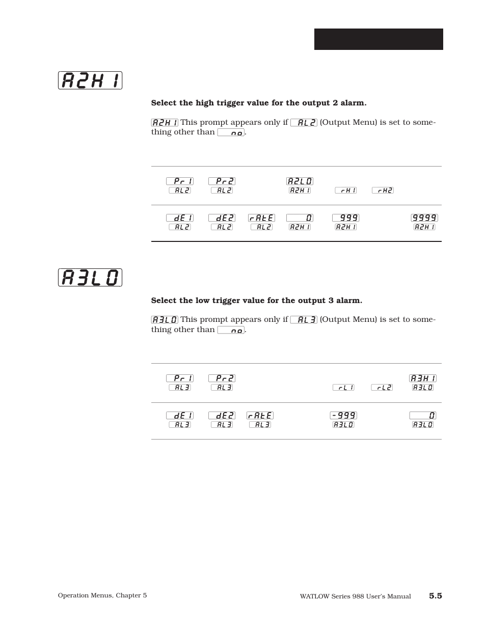 A3lo] [a2hi, Operation-system, Alarm 2 high | Alarm 3 low | Watlow Series 988 User Manual | Page 79 / 163