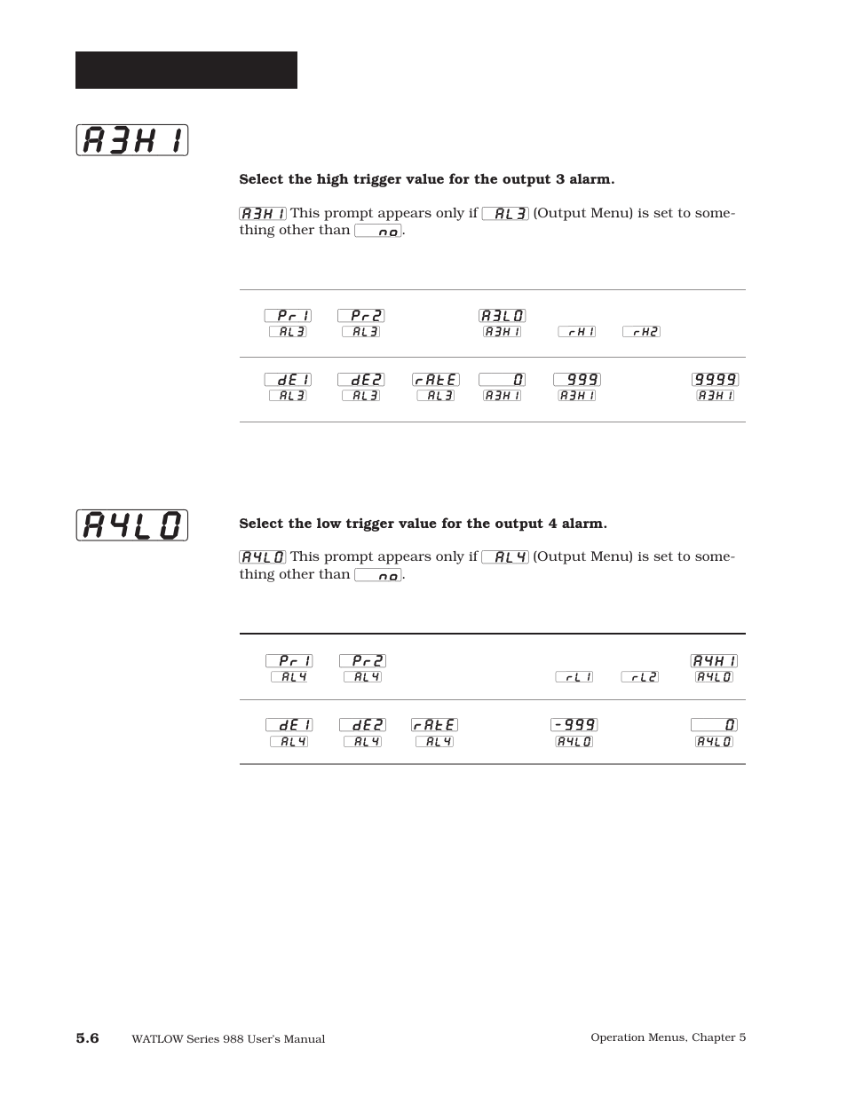 A3hi] [a4lo, Operation-system, Alarm 3 high | Alarm 4 low | Watlow Series 988 User Manual | Page 80 / 163