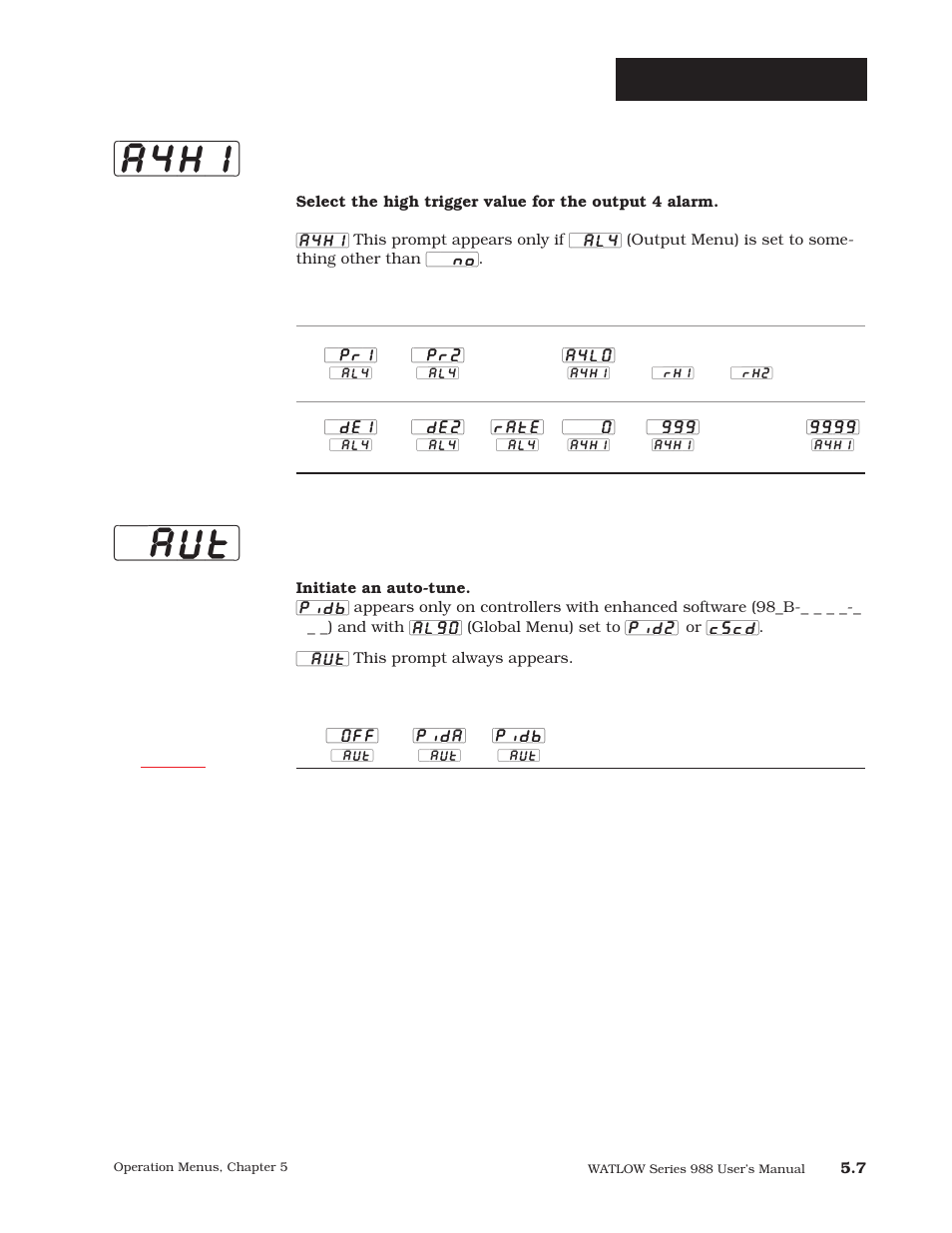 A4hi] [`aut, Operation-system, Alarm 4 high | Auto-tune | Watlow Series 988 User Manual | Page 81 / 163