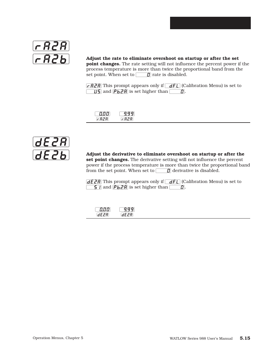 Ra2a] [ra2b] [de2a] [de2b, Operation-pid a or b, Rate, output 2 | Derivative, output 2a or 2b | Watlow Series 988 User Manual | Page 89 / 163