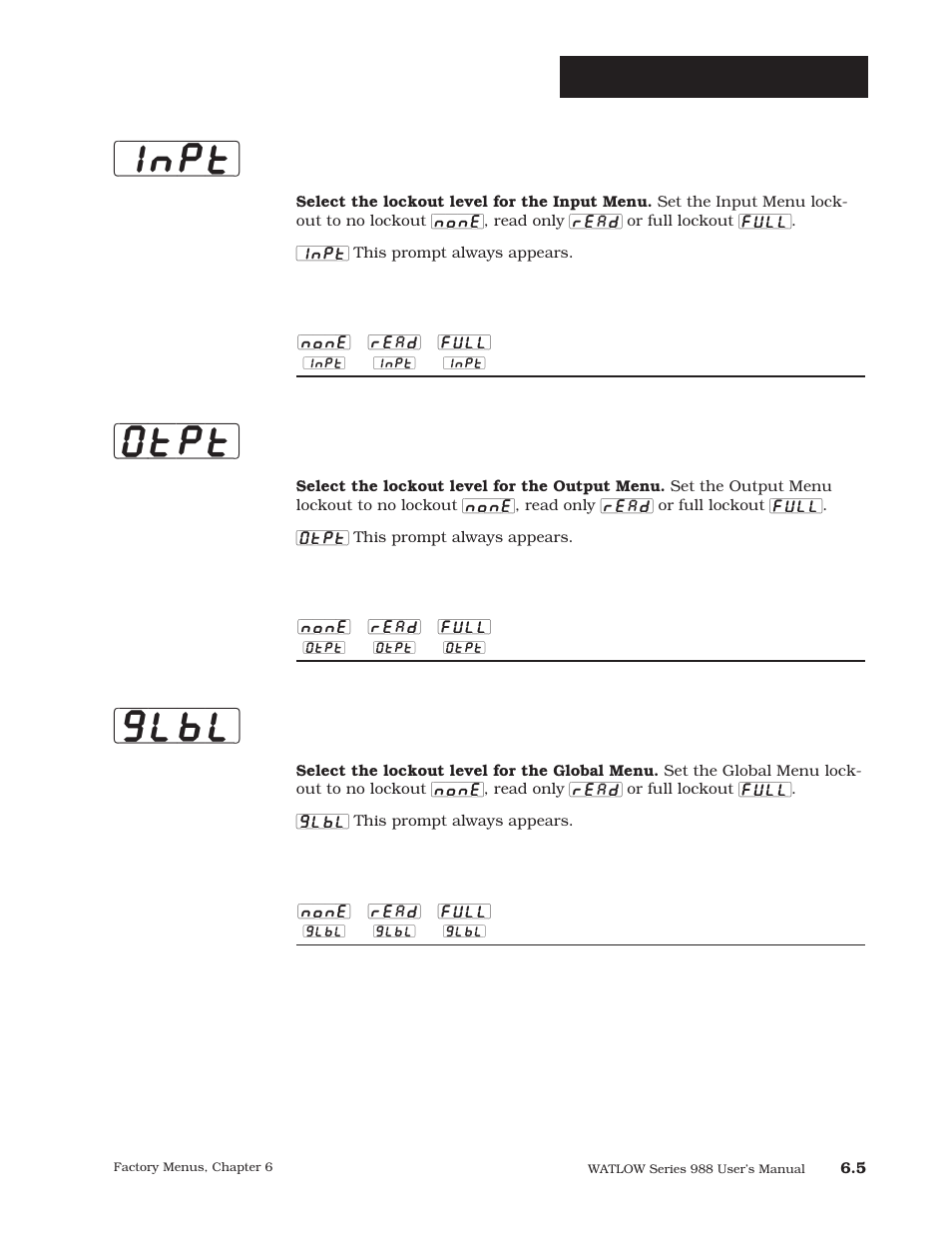 Inpt] [glbl] [otpt, Factory-panel lockout, Input menu | Output menu, Global menu | Watlow Series 988 User Manual | Page 95 / 163