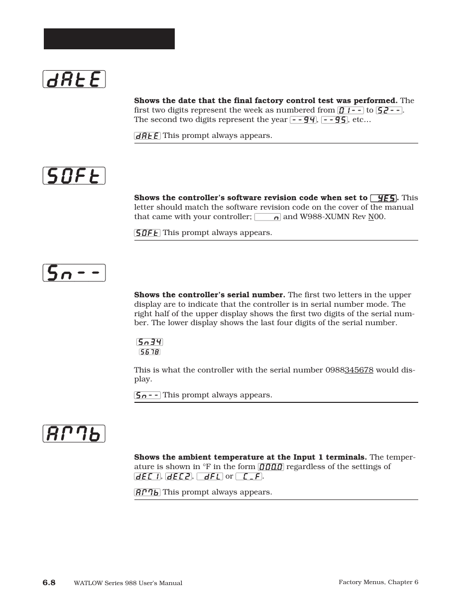 Date] [soft] [sn--] [amb, Factory-diagnostics | Watlow Series 988 User Manual | Page 98 / 163