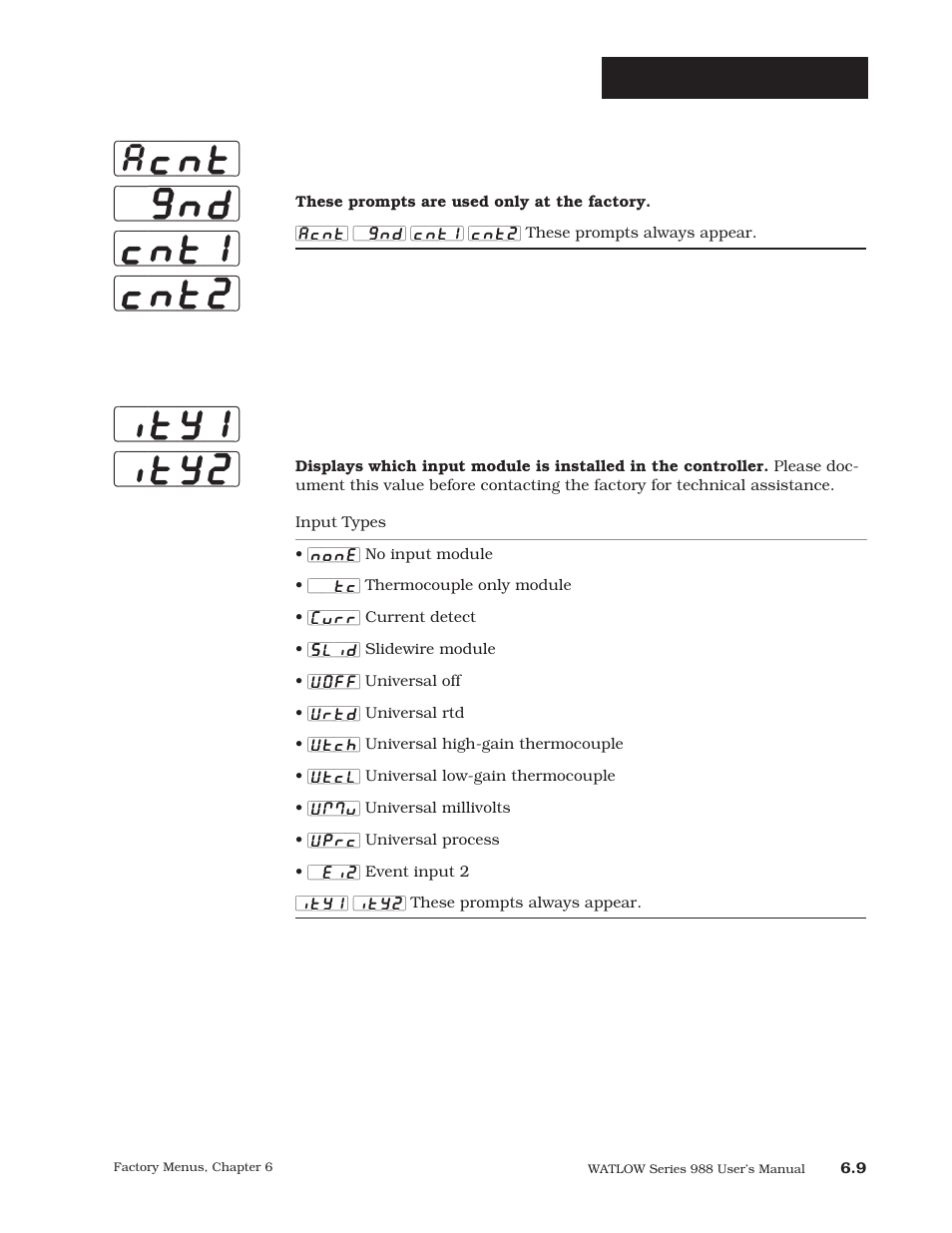 Acnt] [`gnd] [cnt1] [cnt2, Ity1] [ity2, Factory-diagnostics | Watlow Series 988 User Manual | Page 99 / 163