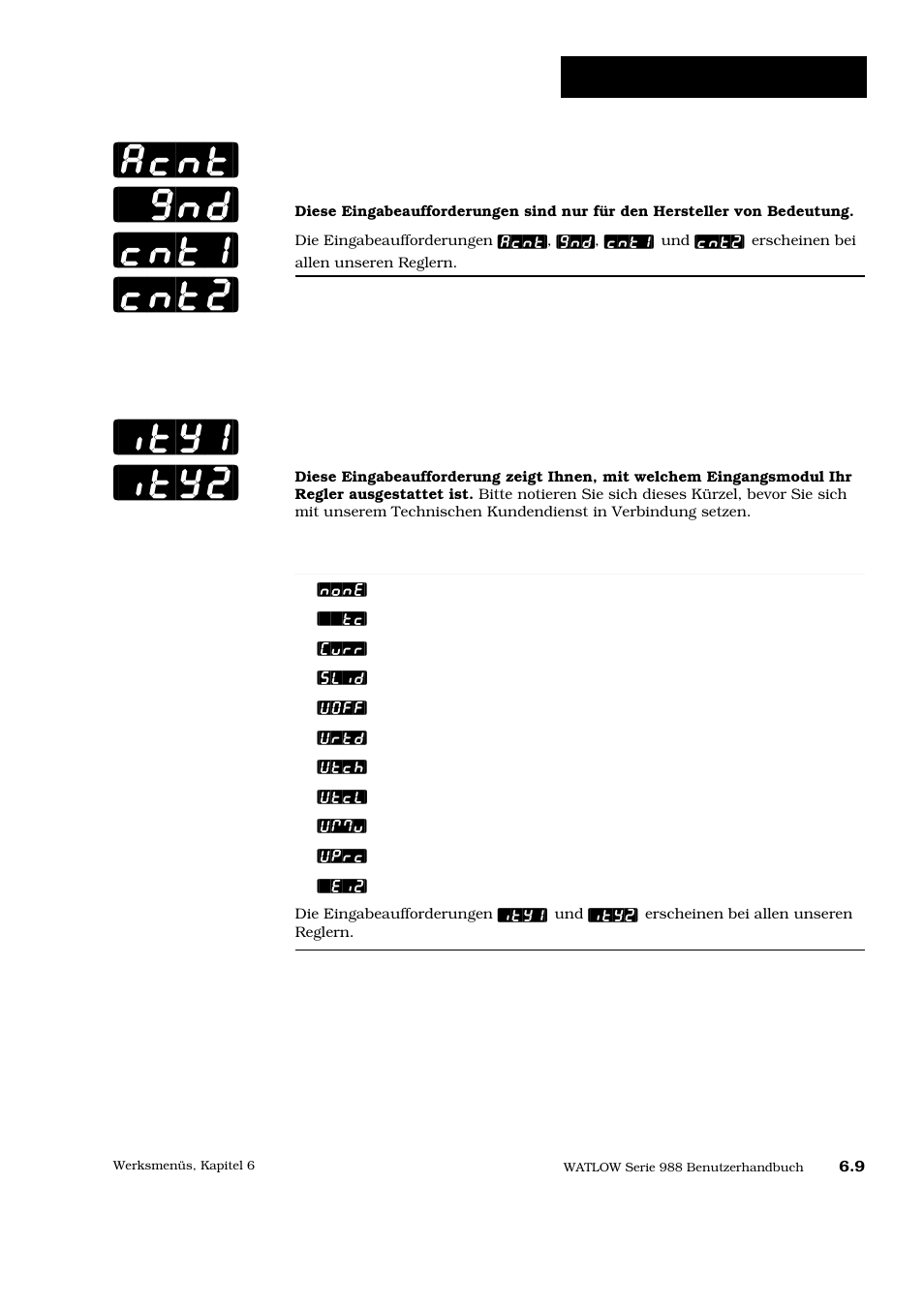 Acnt] [`gnd] [cnt1] [cnt2, Ity1] [ity2, Werksmenü: diagnose | Modularten für eingang 1 und 2, Nur für watlow-internen gebrauch | Watlow Series 988 User Manual | Page 100 / 128