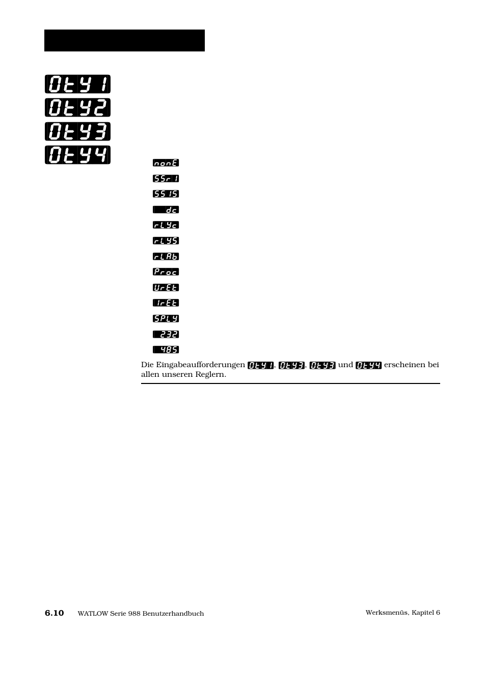 Oty1] [oty2] [oty3] [oty4, Werksmenü: diagnose, Modularten für die ausgänge 1, 2, 3 und 4 | Watlow Series 988 User Manual | Page 101 / 128