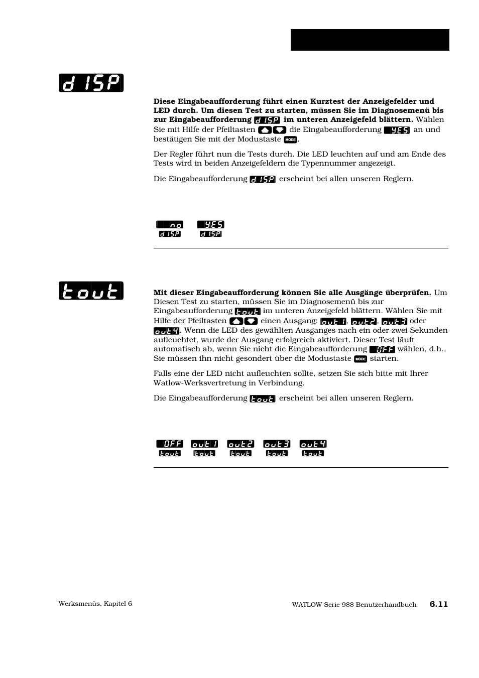 Disp] [tout, Werksmenü: diagnose, Anzeigentest | Ausgangstest | Watlow Series 988 User Manual | Page 102 / 128