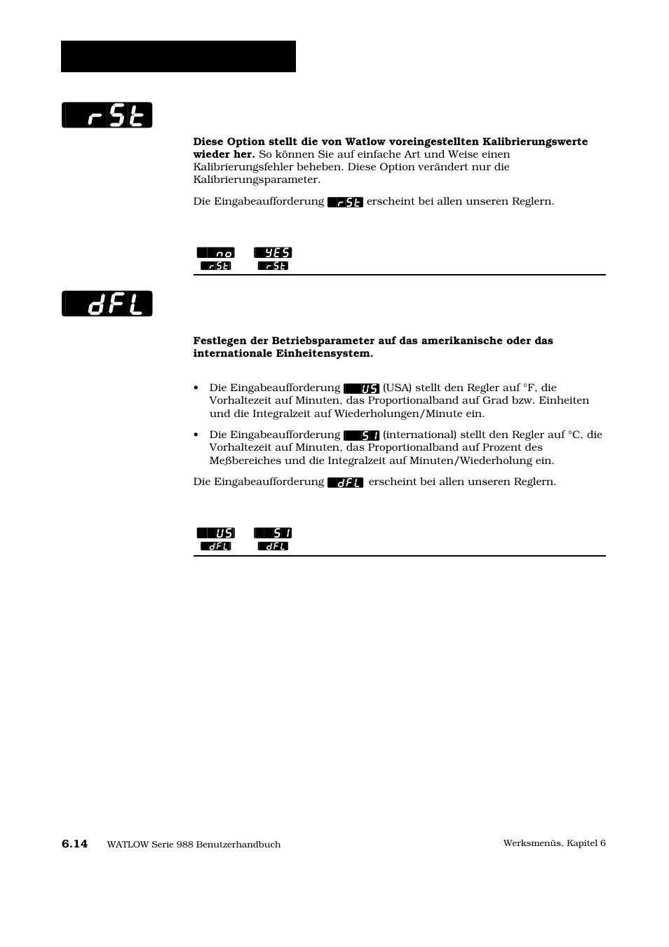 Werksmenü: kalibrierung, Wiederherstellen, Voreinstellungen | Watlow Series 988 User Manual | Page 105 / 128
