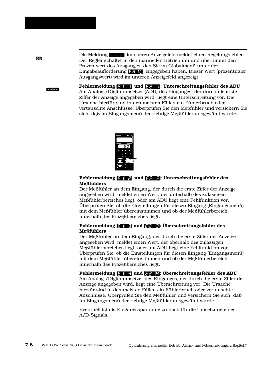 Fehlermeldungen e1 und e2, Fehlermeldungen, Die fehlermeldungen e1 und e2 | Watlow Series 988 User Manual | Page 113 / 128