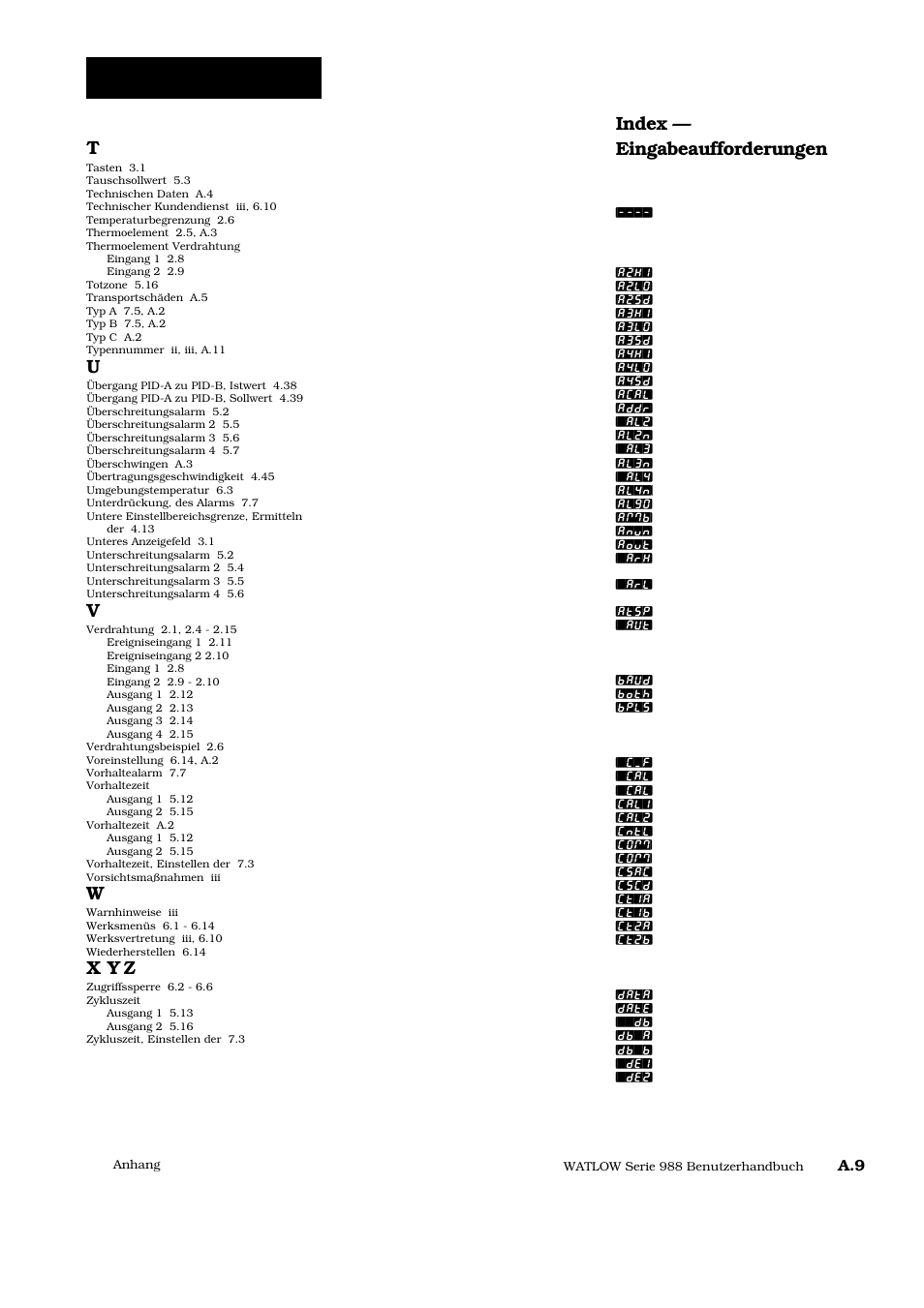 Index t-z, X y z, Index — eingabeaufforderungen | Watlow Series 988 User Manual | Page 124 / 128