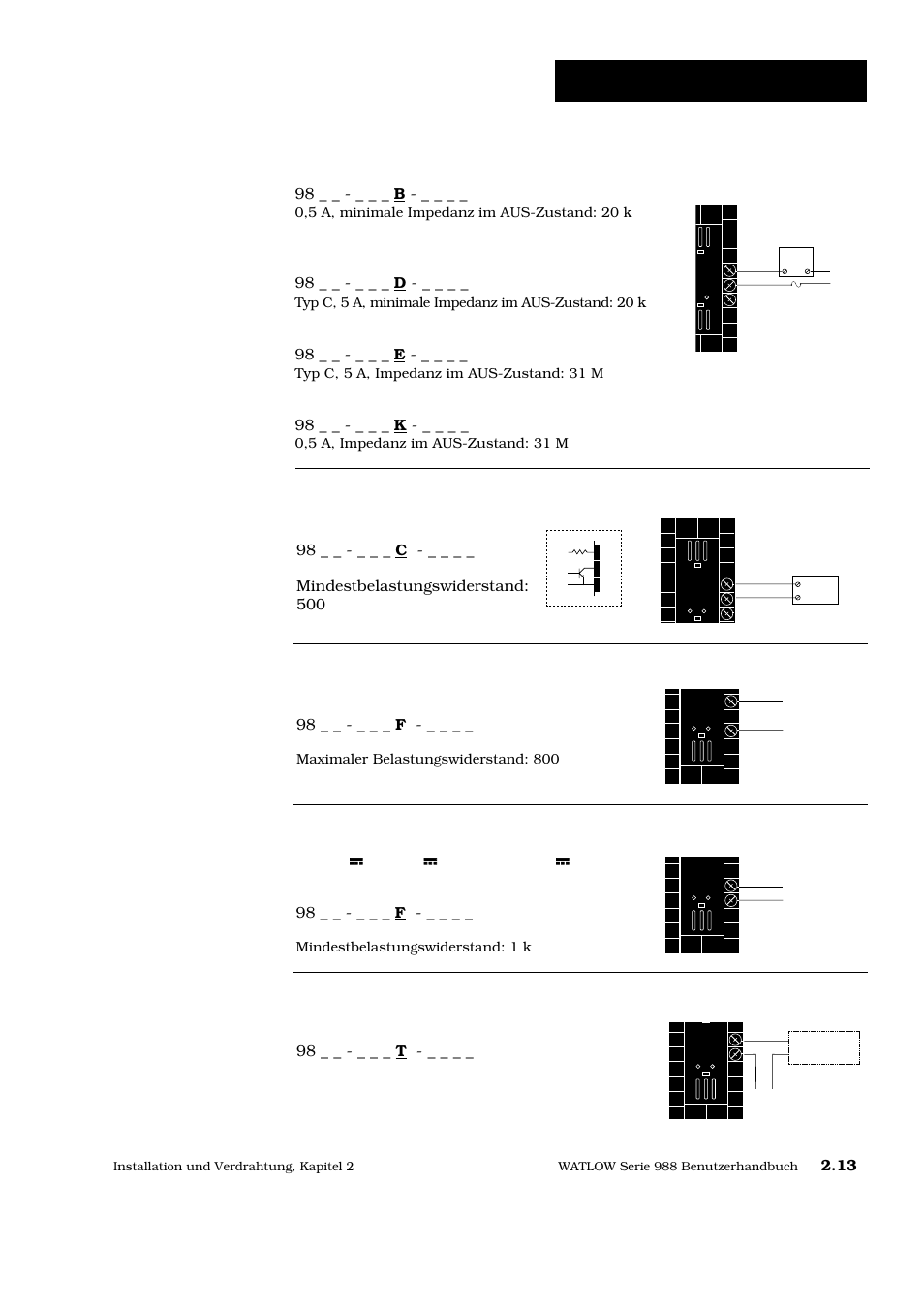 Verdrahtung ausgang 2, Logikausgang, Spannungsversorger für externe bauteile | Wechselstromausgänge, Abb. 2.13b, Abb. 2.13d, 98 _ _ - _ _ _ f, Abb. 2.13c, Abb. 2.13.e, 98 _ _ - _ _ _ t | Watlow Series 988 User Manual | Page 22 / 128