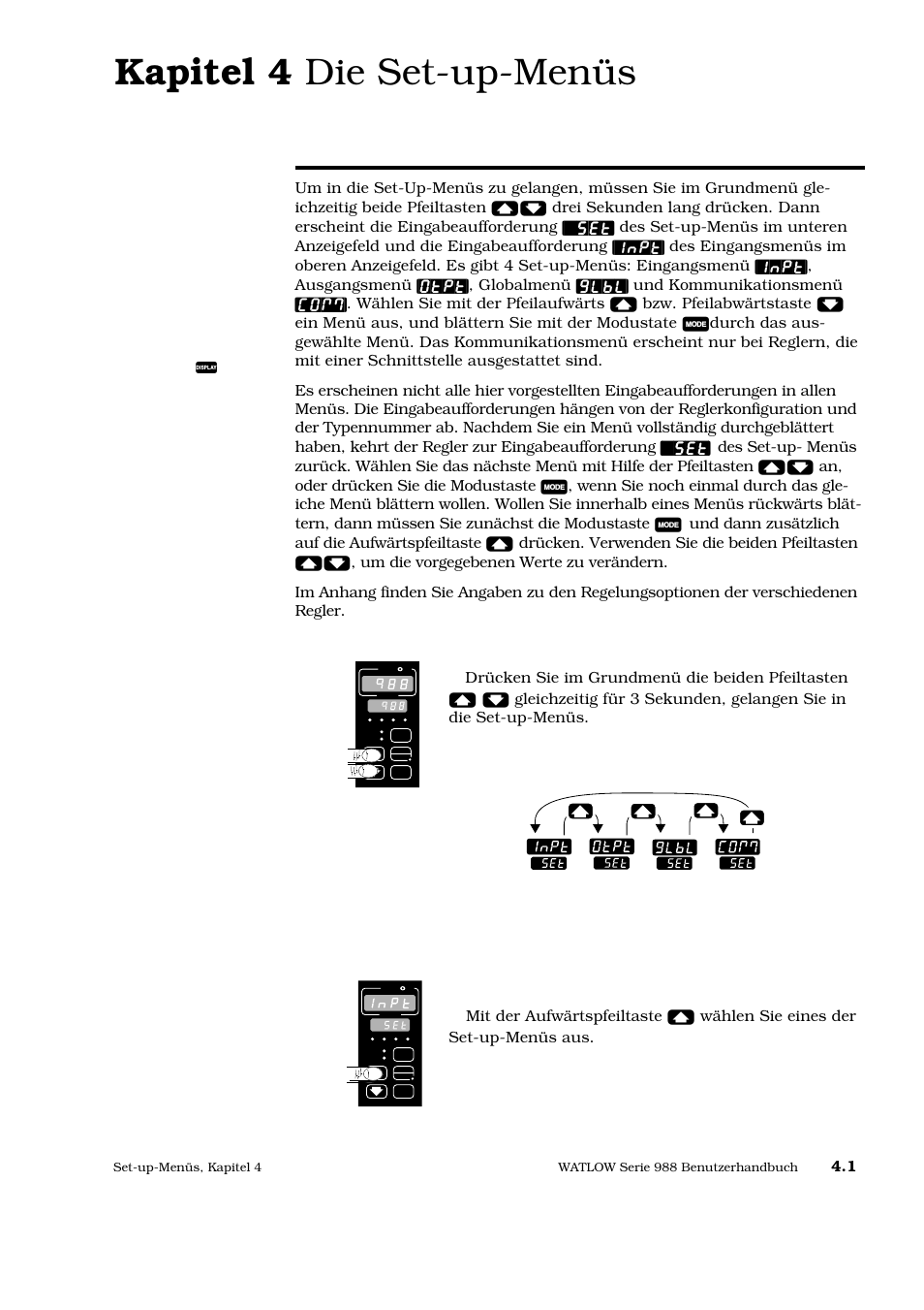 Kapitel 4 die set-up-menüs, Set-up-menüs, Kapitel 4 set-up-menüs | Die set-up-menüs, Abb. 4.1: die set-up-menüs | Watlow Series 988 User Manual | Page 28 / 128