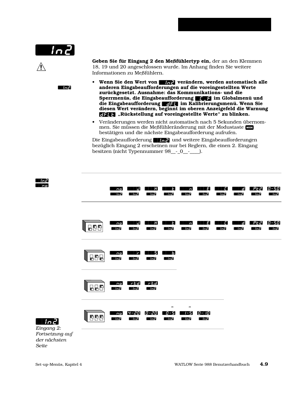 Set-up: eingangsmenü, Eingang 2, Eingang 2: fortsetzung auf der nächsten seite | Watlow Series 988 User Manual | Page 36 / 128