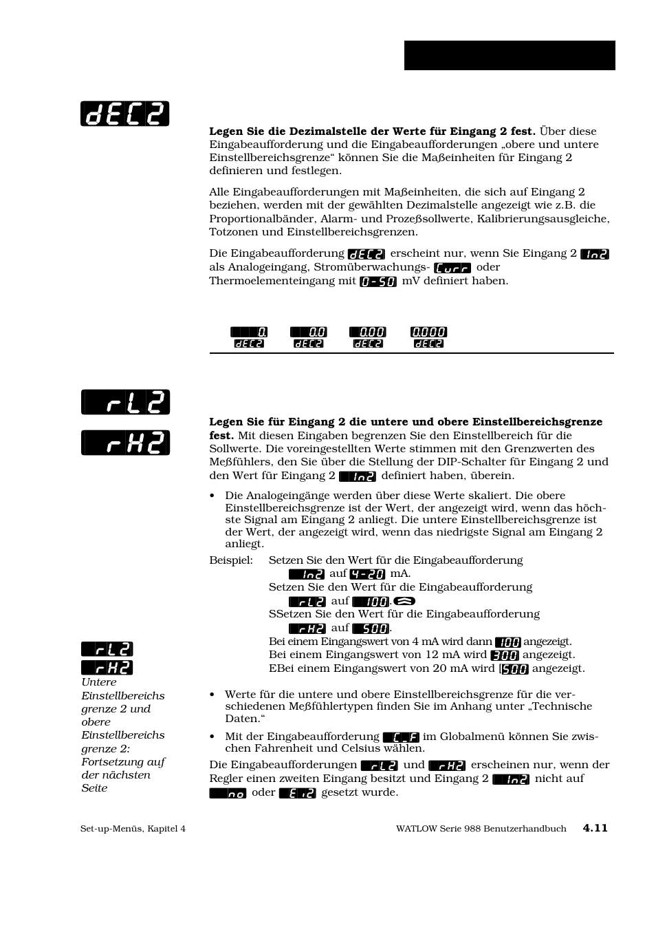 Dec2] [`rl2] [`rh2, Set-up: eingangsmenü, Dezimalstelle 2 | Rl2] [`rh2 | Watlow Series 988 User Manual | Page 38 / 128