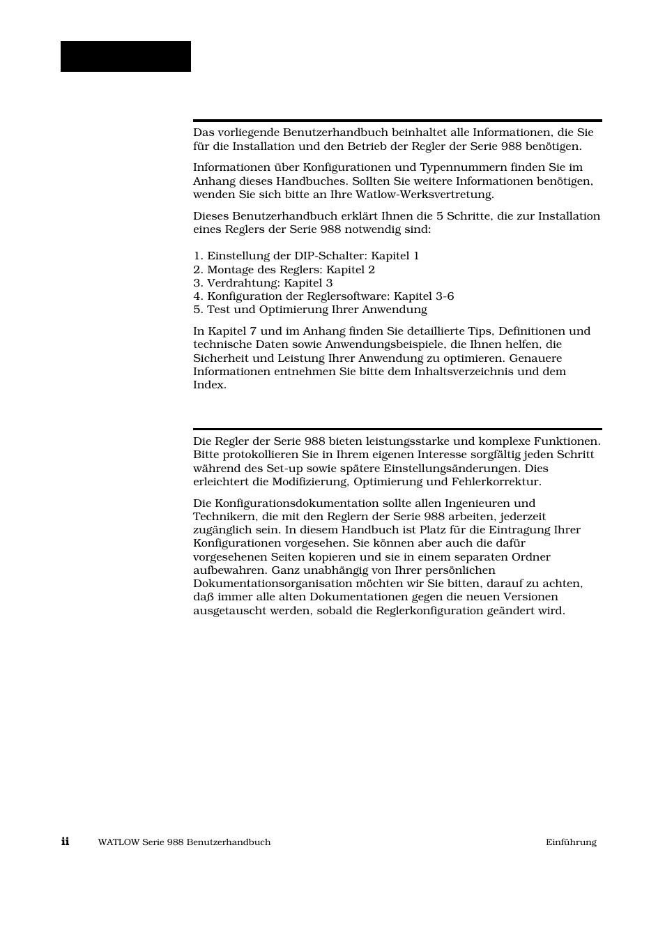 Hinweise zur benutzung dieses handbuches, Protokollierung der installationsschritte, Hinweise, vorsichtsmaßnahmen und warnungen | Werksvertretung, Wir würden gerne ihre meinung hören, Einführung | Watlow Series 988 User Manual | Page 4 / 128
