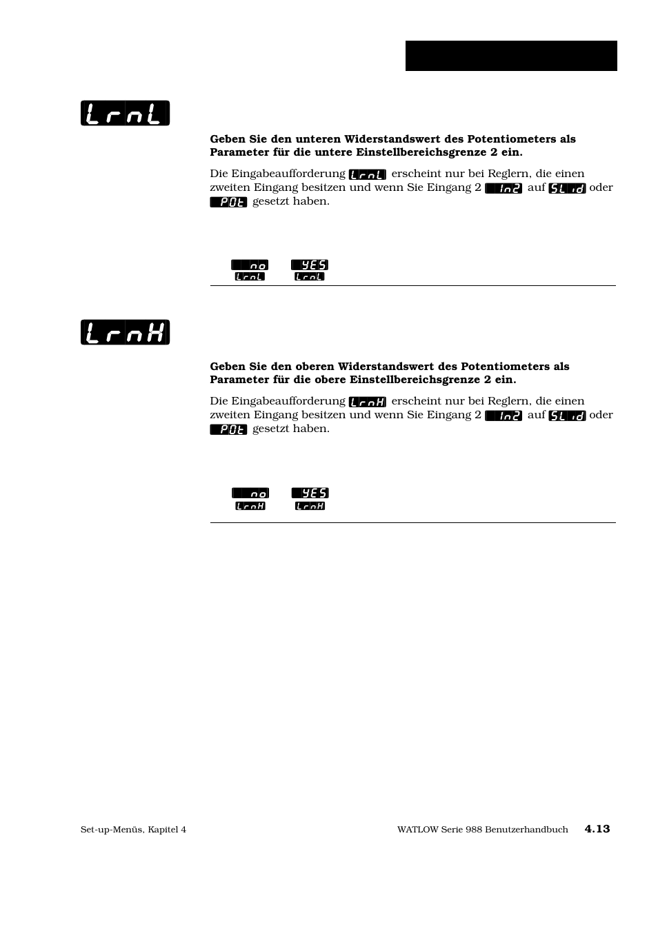 Lrnl] [lrnh, Set-up: eingangsmenü, Ermitteln der unteren einstellbereichsgrenze | Ermitteln der oberen einstellbereichsgrenze | Watlow Series 988 User Manual | Page 40 / 128