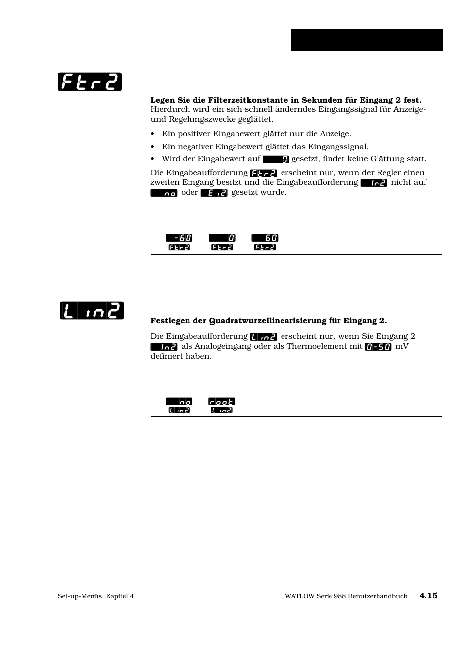 Ftr2] [lin2, Set-up: eingangsmenü, Softwarefilter 2 | Linearisierung 2 | Watlow Series 988 User Manual | Page 42 / 128