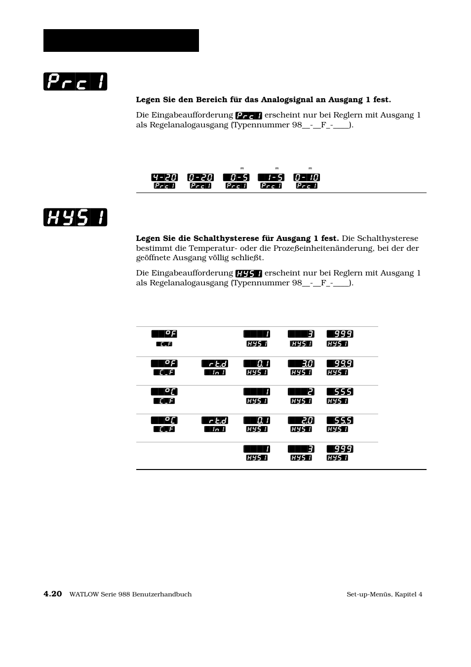 Hys1] [prc1, Set-up: ausgangsmenü, Regelanalogausgang 1 | Hysterese 1 | Watlow Series 988 User Manual | Page 47 / 128