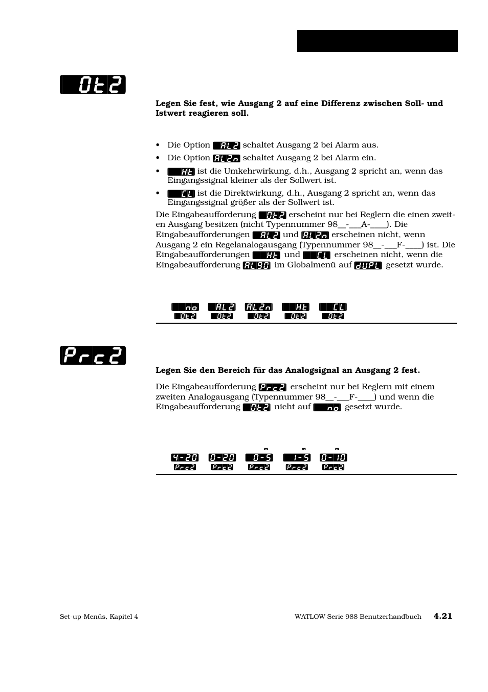 Ausgang 2 (s. s.4.21), Ot2] [prc2, Set-up: ausgangsmenü | Ausgang 2, Regelanalogausgang 2 | Watlow Series 988 User Manual | Page 48 / 128