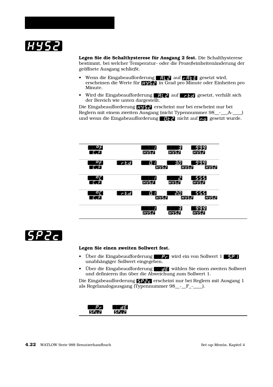 Hys2] [sp2c, Set-up: ausgangsmenü, Hysterese 2 | Regelung von sollwert 2 | Watlow Series 988 User Manual | Page 49 / 128