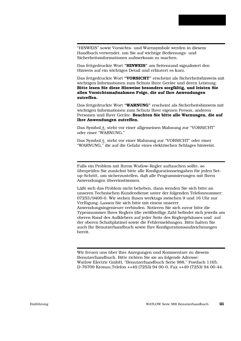 Hinweise, vorsichtsmaßnahmen und warnungen, Werksvertretung, Wir würden gerne ihre meinung hören | Einführung | Watlow Series 988 User Manual | Page 5 / 128