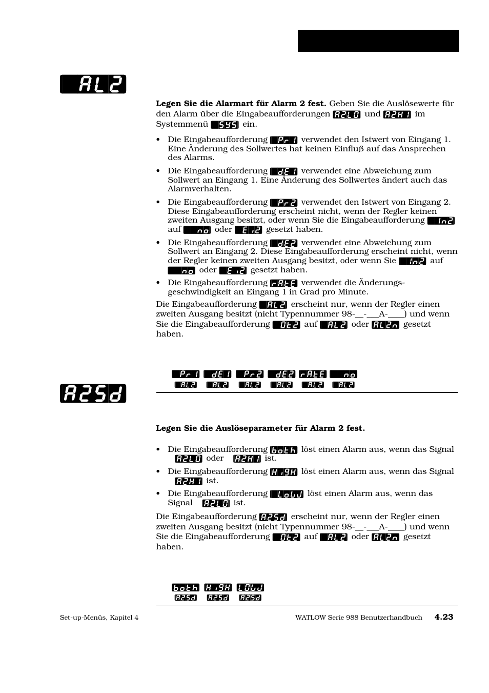 Al2] [a2sd, Set-up: ausgangsmenü, Alarm 2 | Auslöseparameter alarm 2 | Watlow Series 988 User Manual | Page 50 / 128