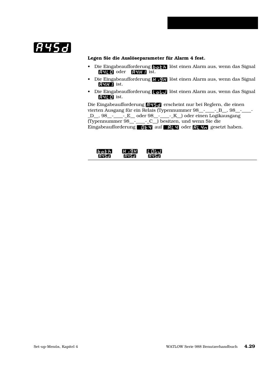 A4sd, Set-up: ausgangsmenü, Auslöseparameter alarm 4 | Watlow Series 988 User Manual | Page 56 / 128