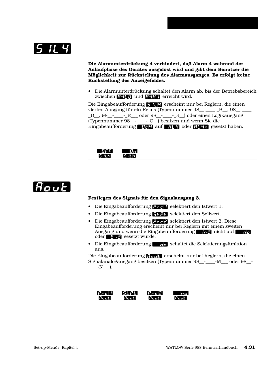 Signalanalogausgang 3 (s. s. 4.31), Sil4] [aout, Set-up: ausgangsmenü | Alarmunterdrückung 4, Analogausgang | Watlow Series 988 User Manual | Page 58 / 128