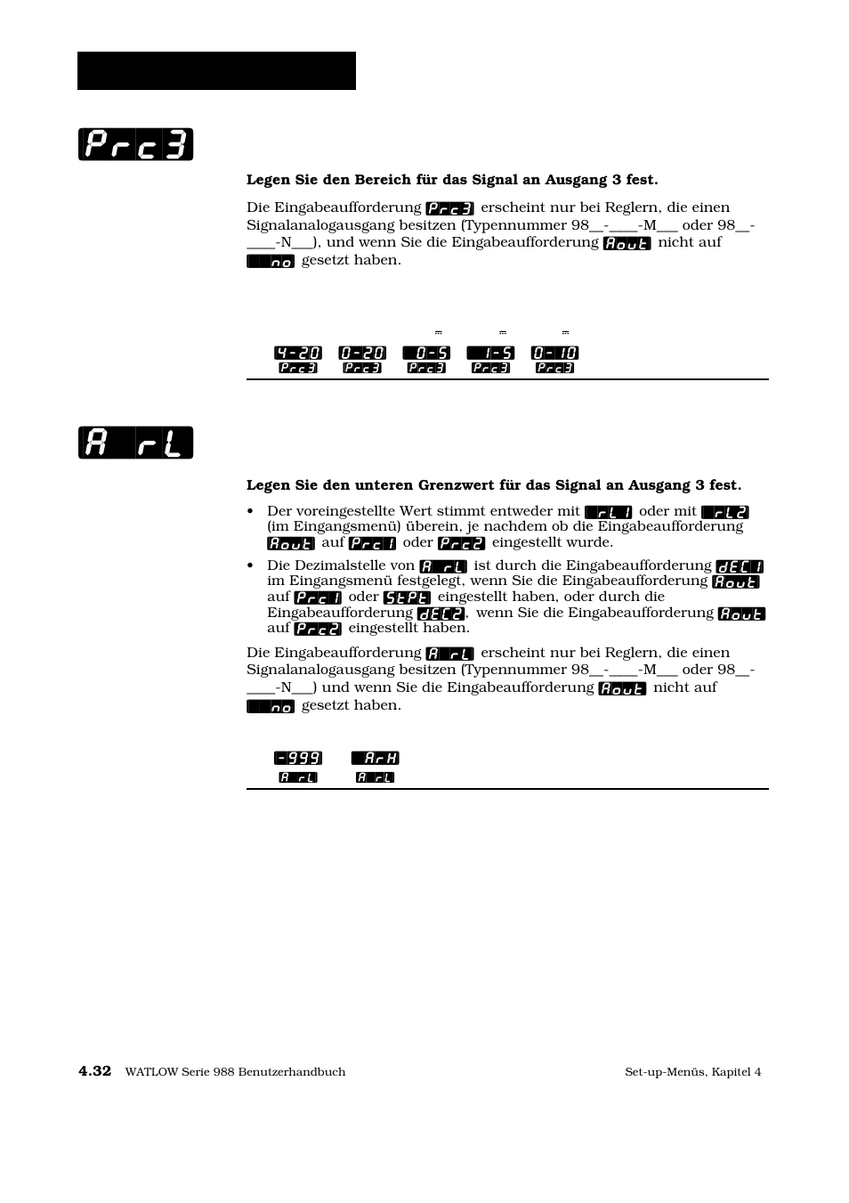 A`rl] [prc3, Set-up: ausgangsmenü, Signalanalogausgang 3 | Unterer grenzwert des signalanalogausganges | Watlow Series 988 User Manual | Page 59 / 128