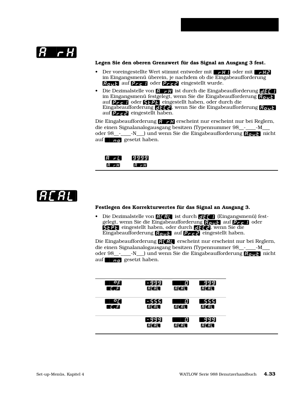 A`rh] [acal, Set-up: ausgangsmenü, Oberer grenzwert des signalanalogausganges | Signalanalogausgang kalibrierungsausgleich | Watlow Series 988 User Manual | Page 60 / 128