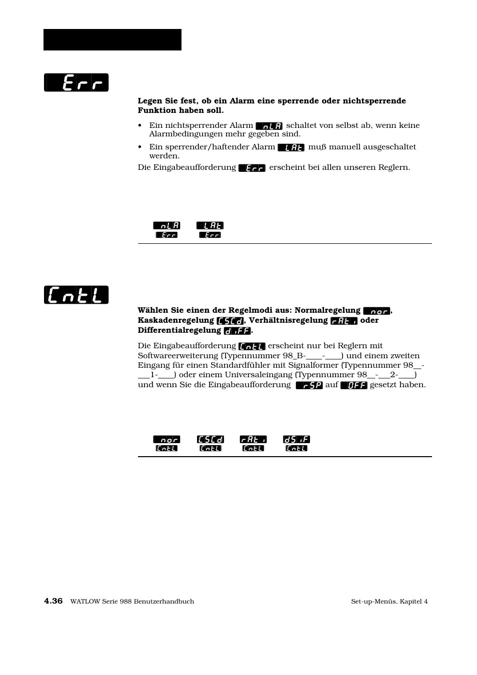 Err] [cntl, Set-up: globalmenü, Alarmsperrfunktion | Regelmodus | Watlow Series 988 User Manual | Page 63 / 128