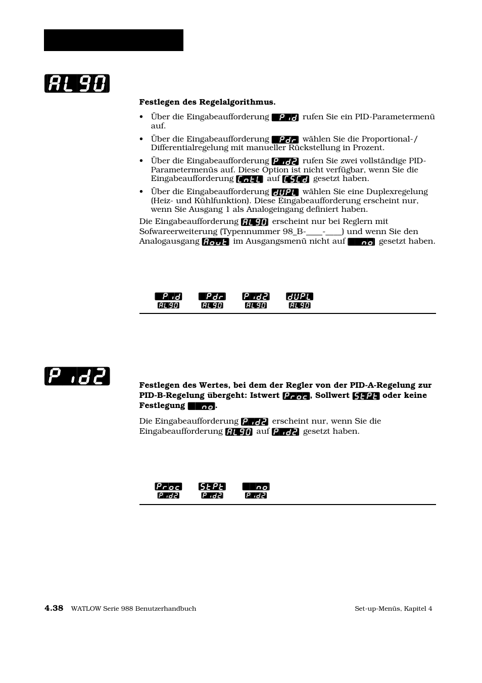 Algo] [pid2, Set-up: globalmenü, Algorithmus | Selektionspunkt für den pid-wert 2 | Watlow Series 988 User Manual | Page 65 / 128