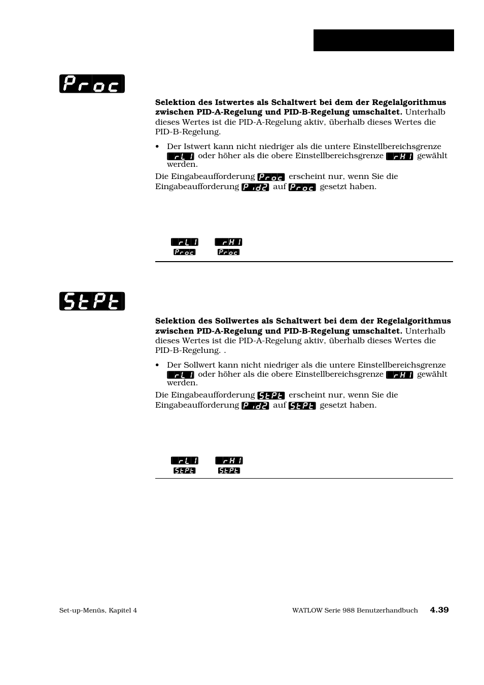 Proc] [stpt, Set-up: globalmenü, Selektion des istwertes | Selektion des sollwertes | Watlow Series 988 User Manual | Page 66 / 128