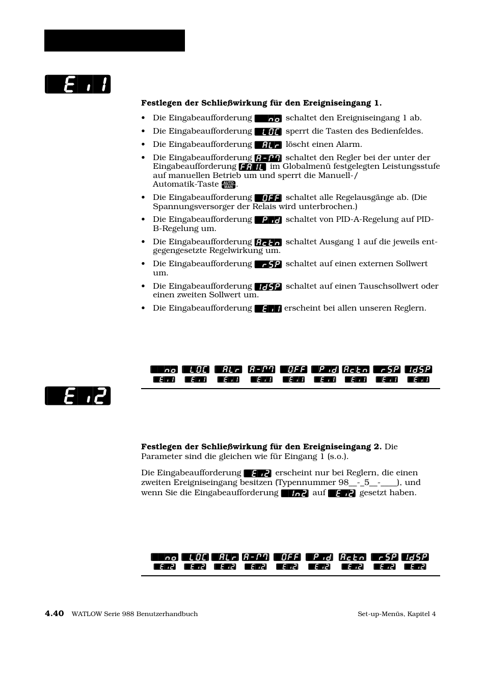 Ei1] [`ei2, Set-up: globalmenü, Ereigiseingang 1 | Ereigniseingang 2 | Watlow Series 988 User Manual | Page 67 / 128