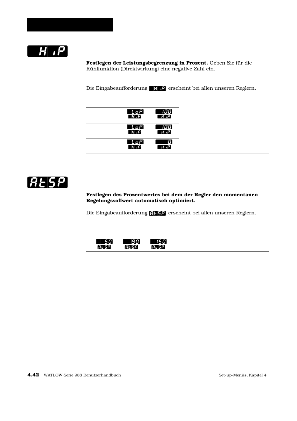 Hip] [atsp, Set-up: globalmenü, Leistungsbegrenzung | Selbstoptimierungssollwert | Watlow Series 988 User Manual | Page 69 / 128