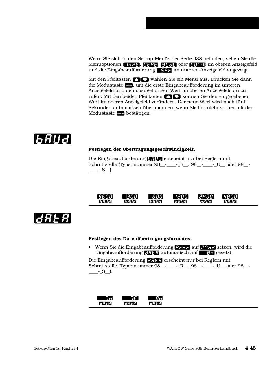 Baud] [data, Set-up: kommunikationsmenü, Eingabeaufforderungen des kommunikationsmenüs | Übertragungsgeschwindigkeit, Datenbits und parität | Watlow Series 988 User Manual | Page 72 / 128