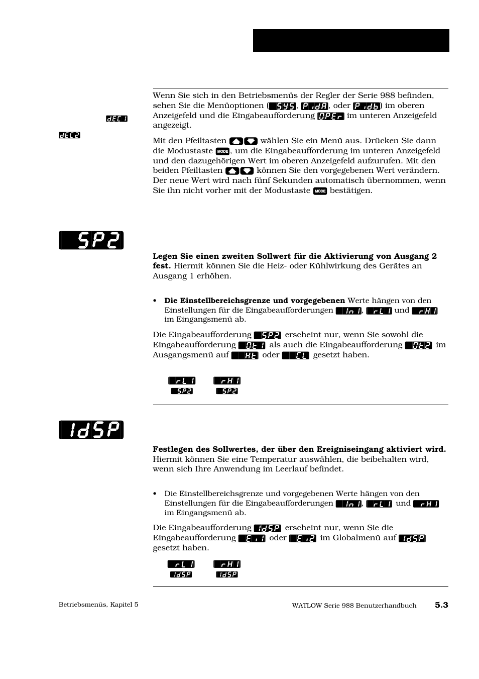 Sp2] [idsp, Betriebsmenü: systemmenü, Sollwert 2 | Tauschsollwert | Watlow Series 988 User Manual | Page 78 / 128