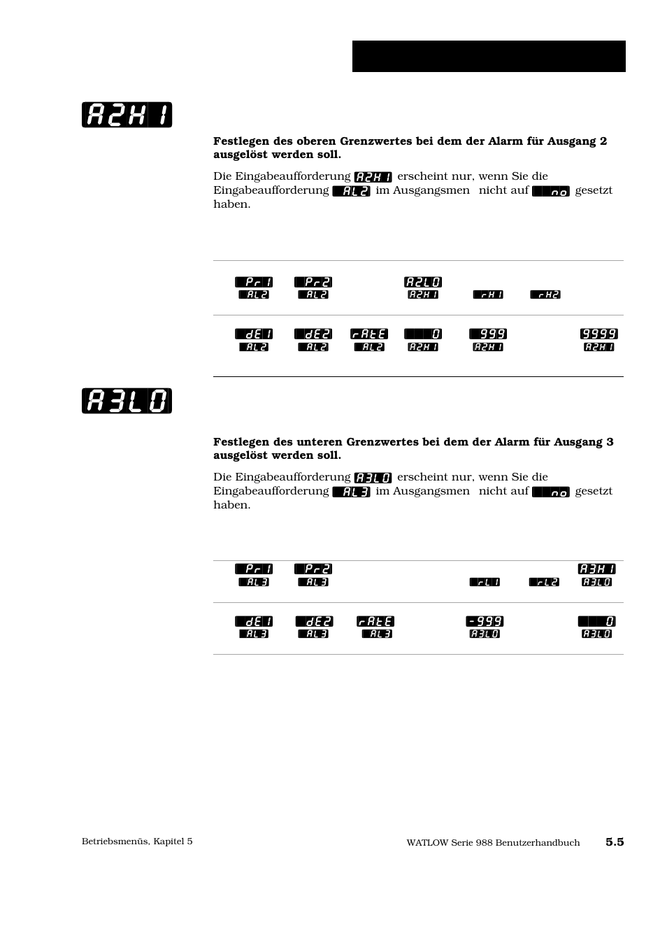 A3lo] [a2hi, Betriebsmenü: systemmenü, Überschreitungsalarm 2 | Unterschreitungsalarm 3 | Watlow Series 988 User Manual | Page 80 / 128
