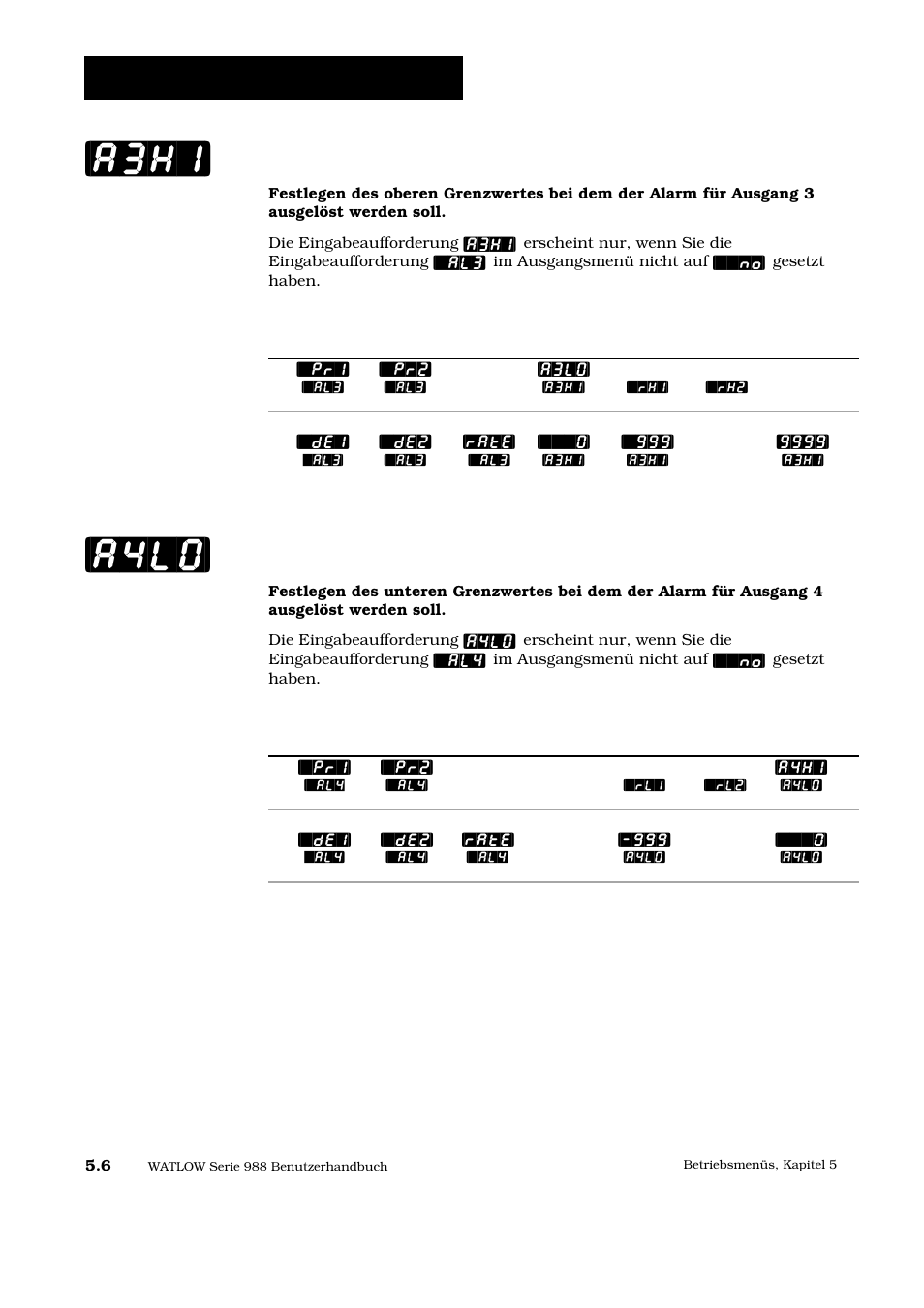 A3hi] [a4lo, Betriebsmenü: systemmenü, Unterschreitungsalarm 4 | Überschreitungsalarm 3 | Watlow Series 988 User Manual | Page 81 / 128